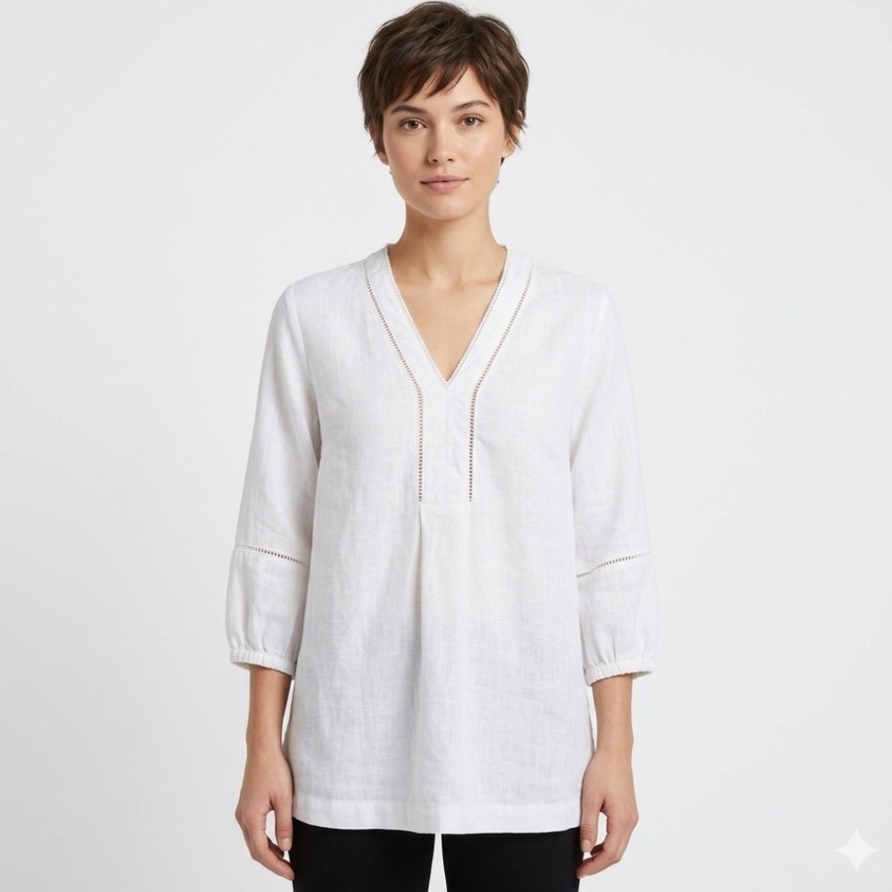 JOIE White Linen Tunic Ladder Stitch V Neck Popover 3/4 Sleeve Size Small